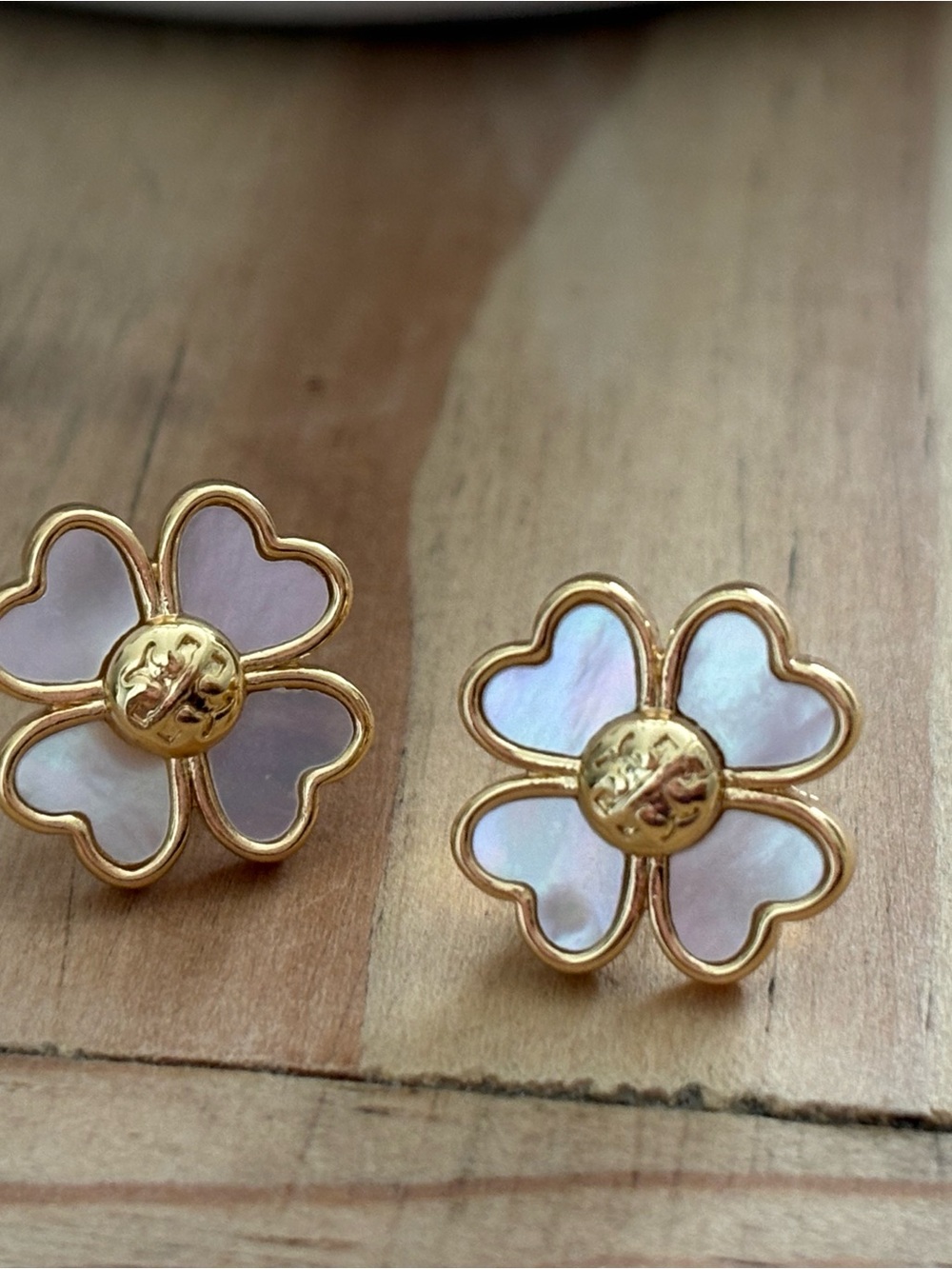 Gold Flower Stud Earrings with Iridescent Mother-of-Pearl Petals